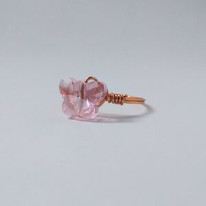 Beautiful Pink Butterfly Bead Handmade Twisted Rusted Gold Wire Ring Size
